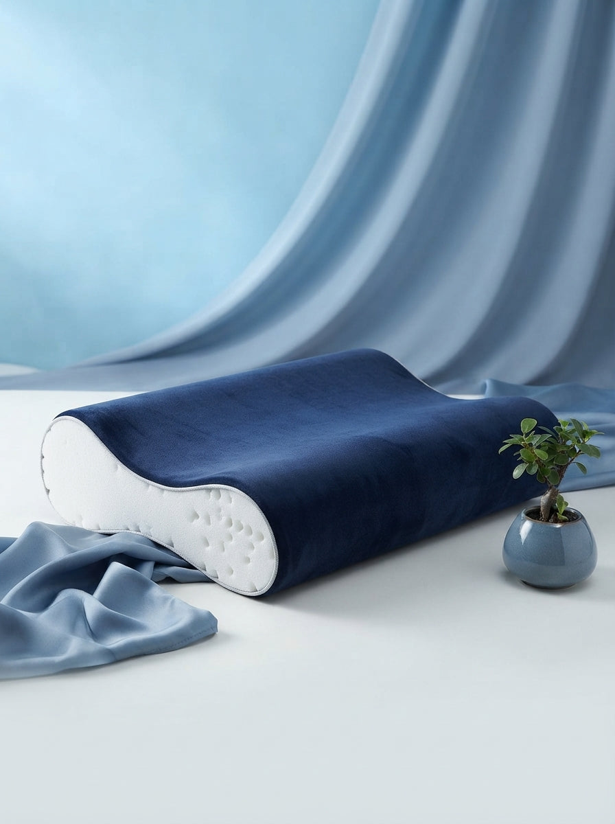 A contoured white foam cervical pillow for neck and shoulder pain relief displayed on a clean surface with blue decor.